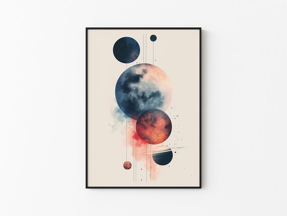 Abstract Watercolor Moon and Planets Cascade Drip Japandi Wall Art
