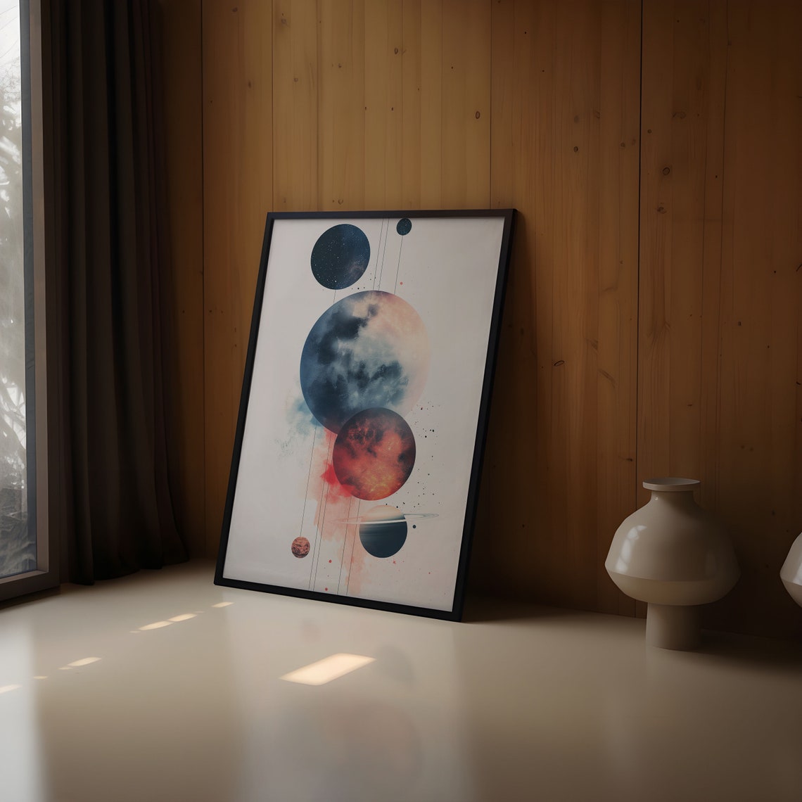 Abstract Watercolor Moon and Planets Cascade Drip Japandi Wall Art - Image 3