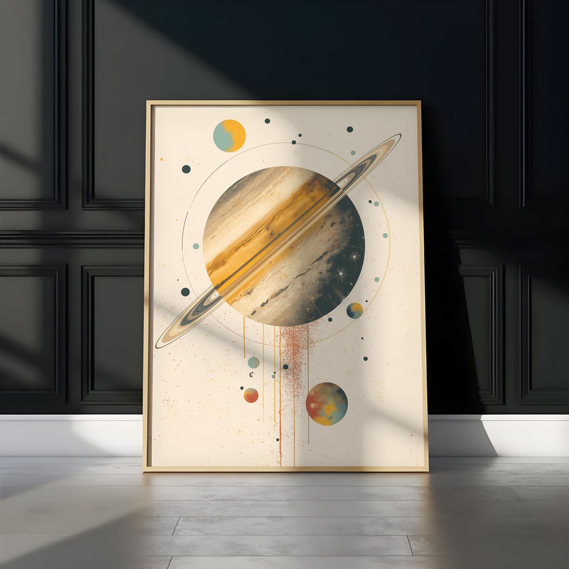 Diagonal Ring Tilted Saturn Gold Bands Drip Abstract Wall Art - Image 3