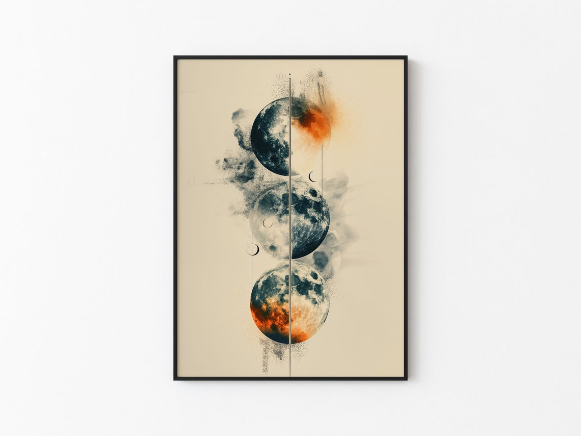 Split Light Dark Moon Trio Ink Splash Ember Abstract Art Poster