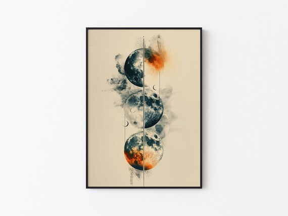 Split Light Dark Moon Trio Ink Splash Ember Abstract Art Poster