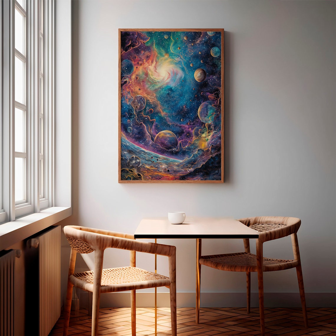 Rainbow Cosmic Nebula Many Planets Blue Sky Impasto Art Poster - Image 3