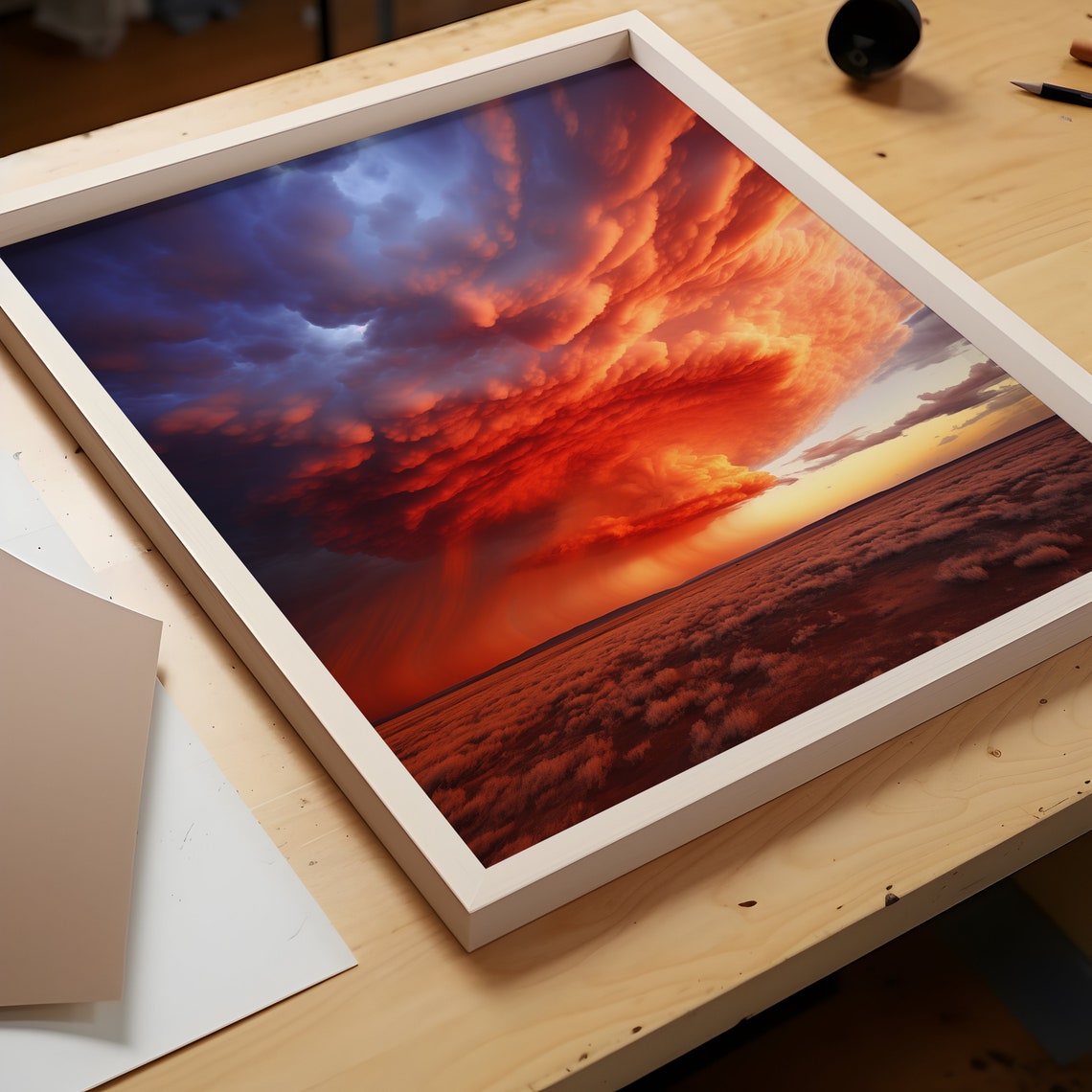 Dramatic Crimson Storm Clouds Sunset Desert Landscape Art Poster - Image 3