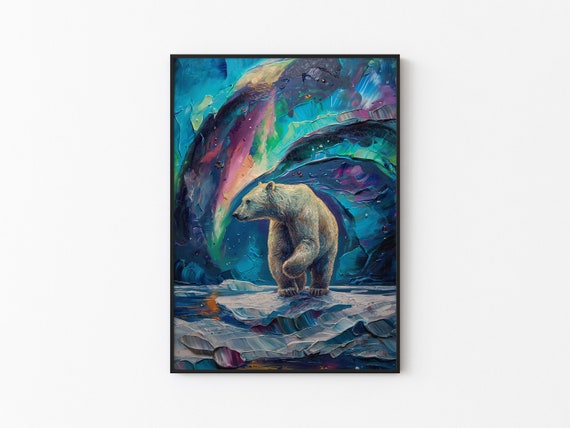 Aurora Borealis Wilderness Northern Lights Instant Art Poster Polar Bear Versatile Sizes Colorful Impasto Print 20