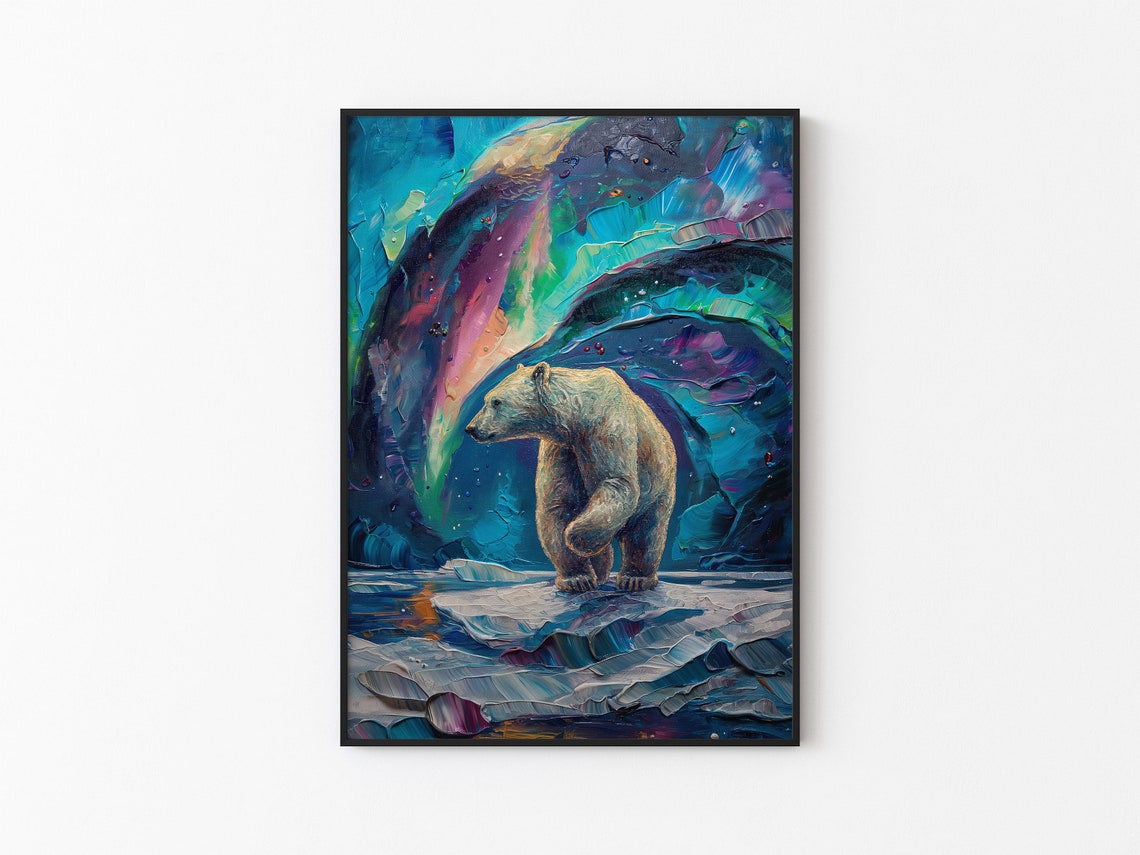 Polar Bear Crossing Ice Under Blue Green Aurora Arches Poster