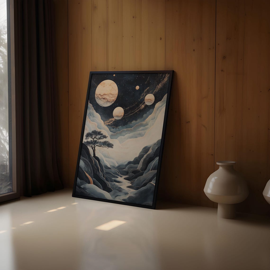 Four Gold Moons Galaxy Canyon Twin Pines Night Valley Art Poster - Image 2