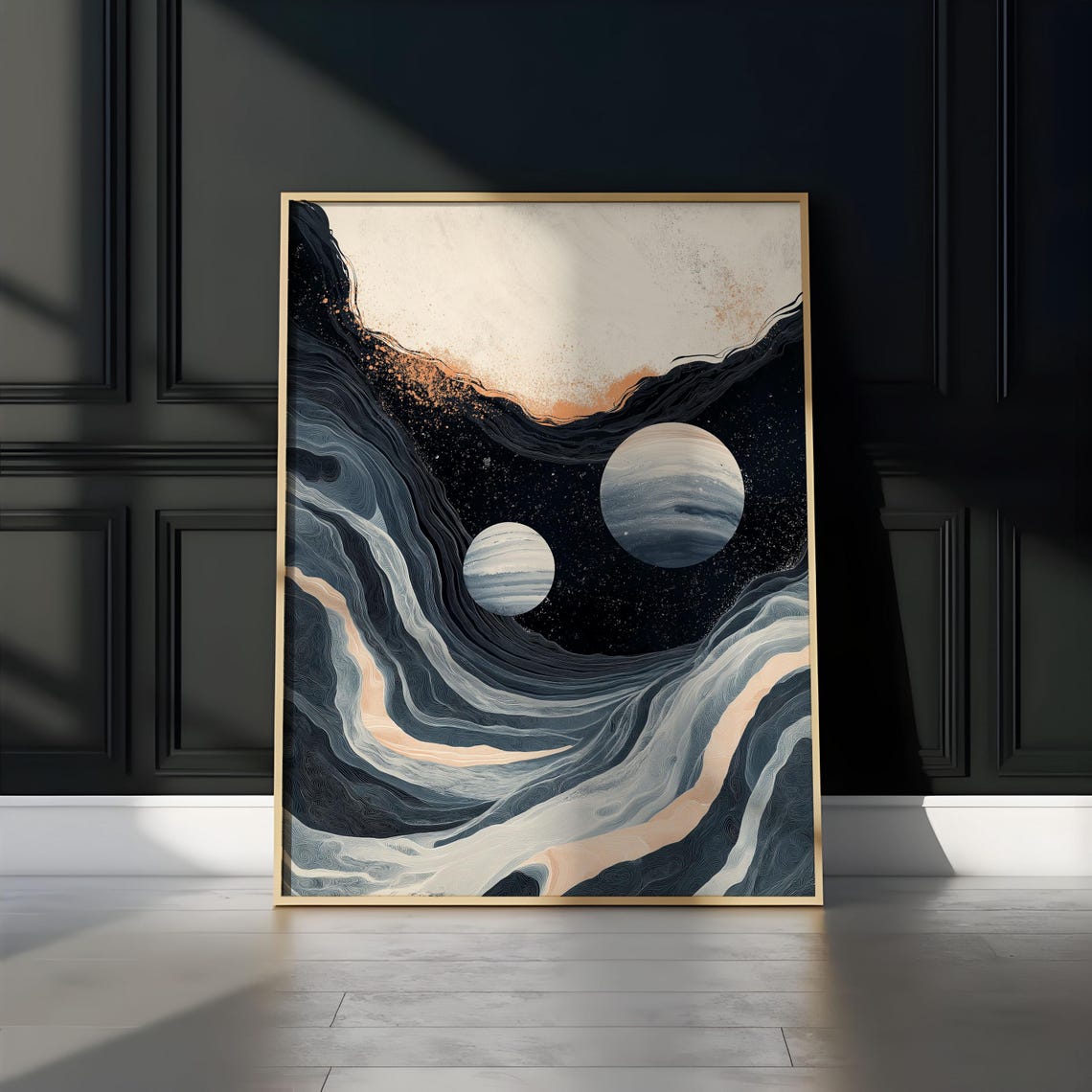 Two Planets Starry Sky Marble Wave Abstract Cosmic Print Art