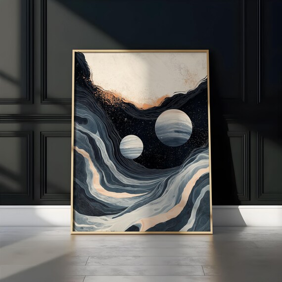 Two Planets Starry Sky Marble Wave Abstract Cosmic Print Art