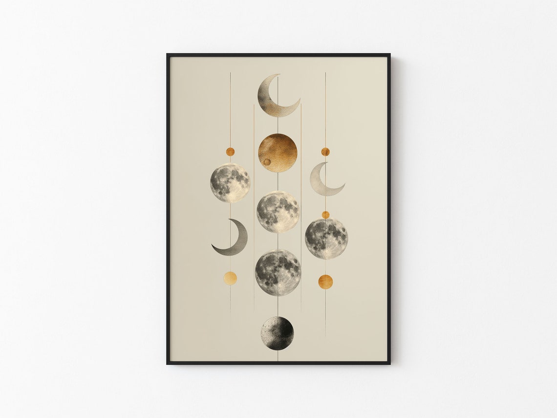 Abstract Hanging Moon Phases Mobile Gray Gold Watercolor Art Print