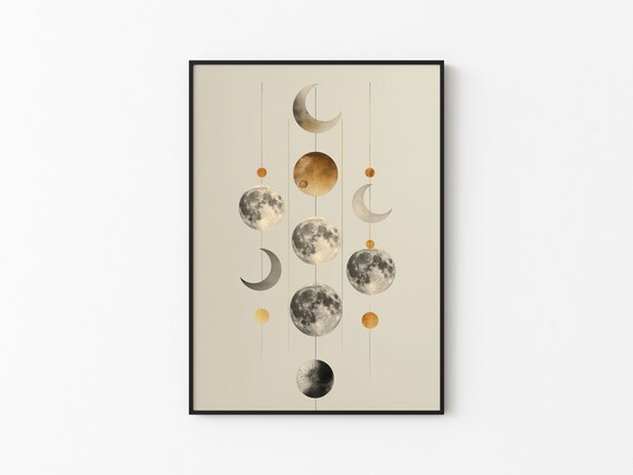 Abstract Hanging Moon Phases Mobile Gray Gold Watercolor Art Print