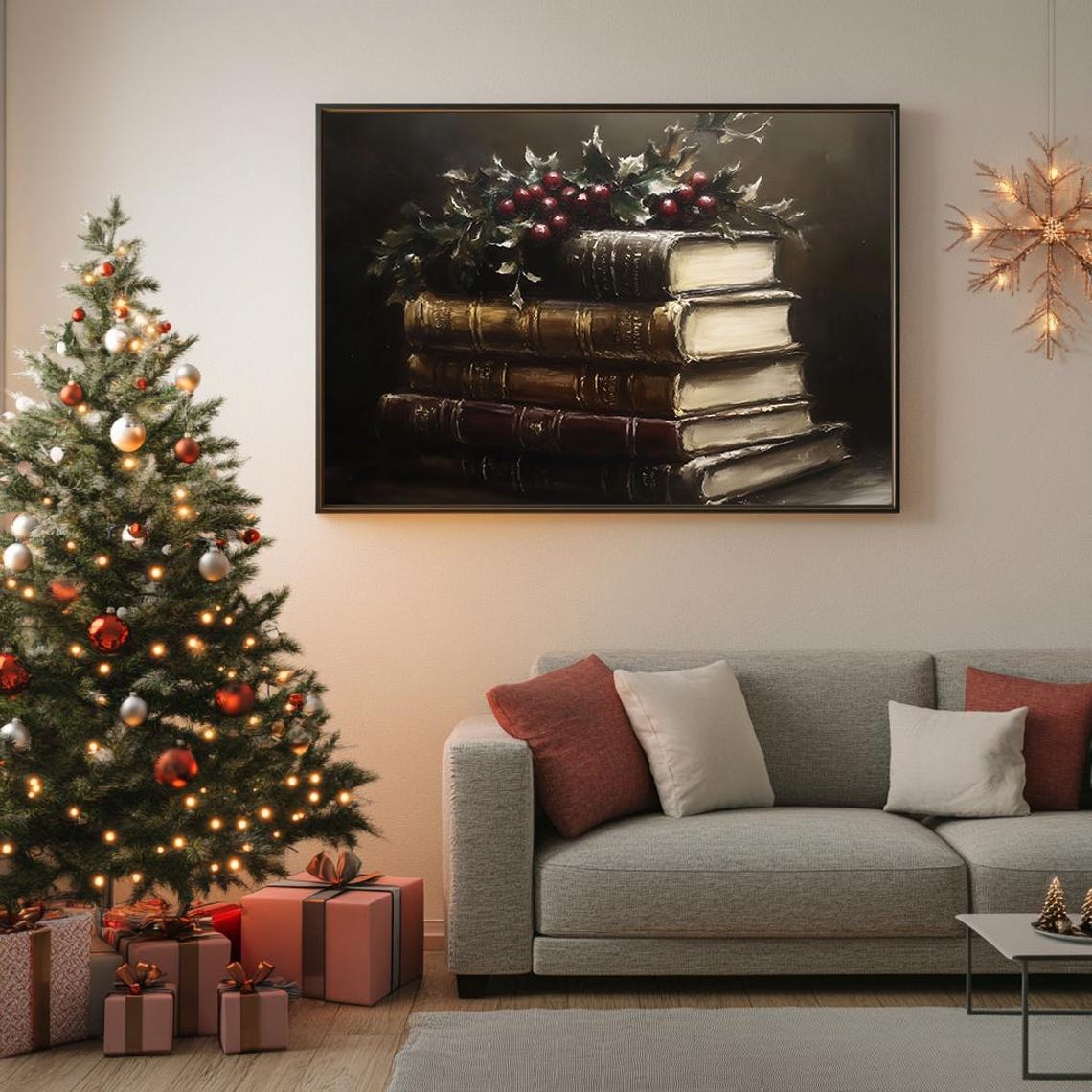 Vintage Books Stack Holly Berries Dark Academia Painting Poster - Image 5