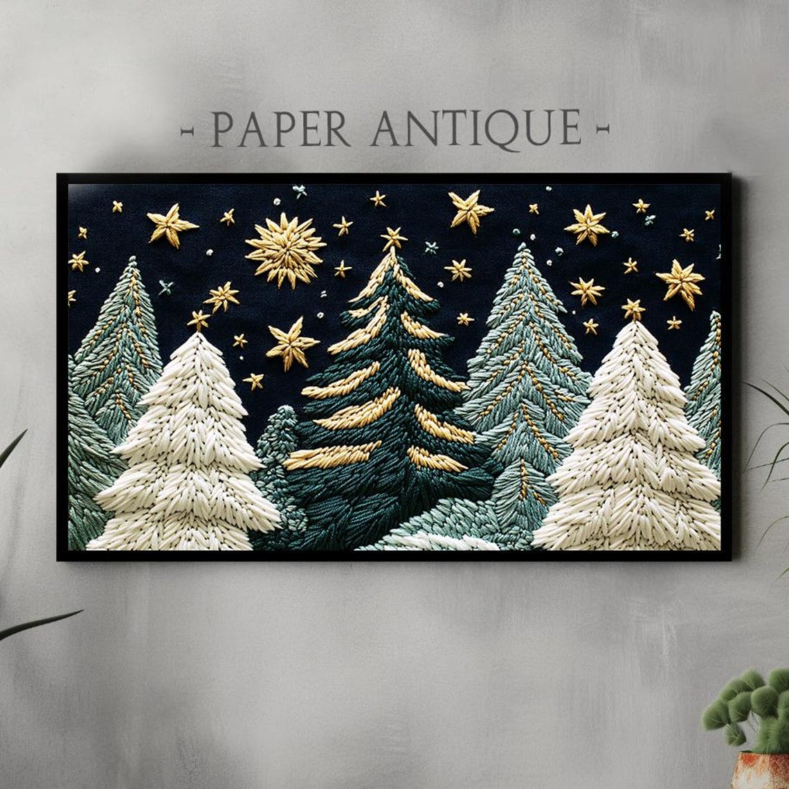 Embroidered Winter Night Forest With Golden Stars Textile Art Poster