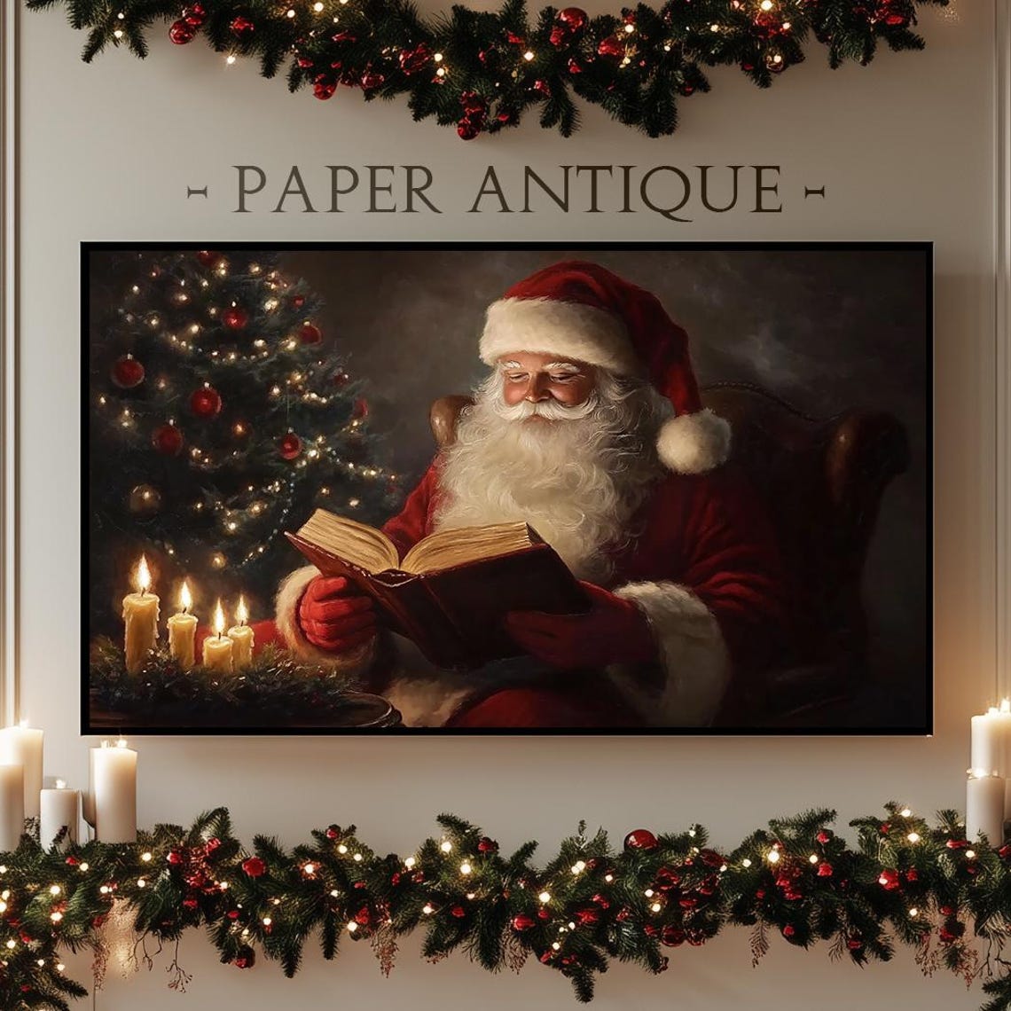 Santa Claus Reading by Christmas Tree Candlelight Oil Poster