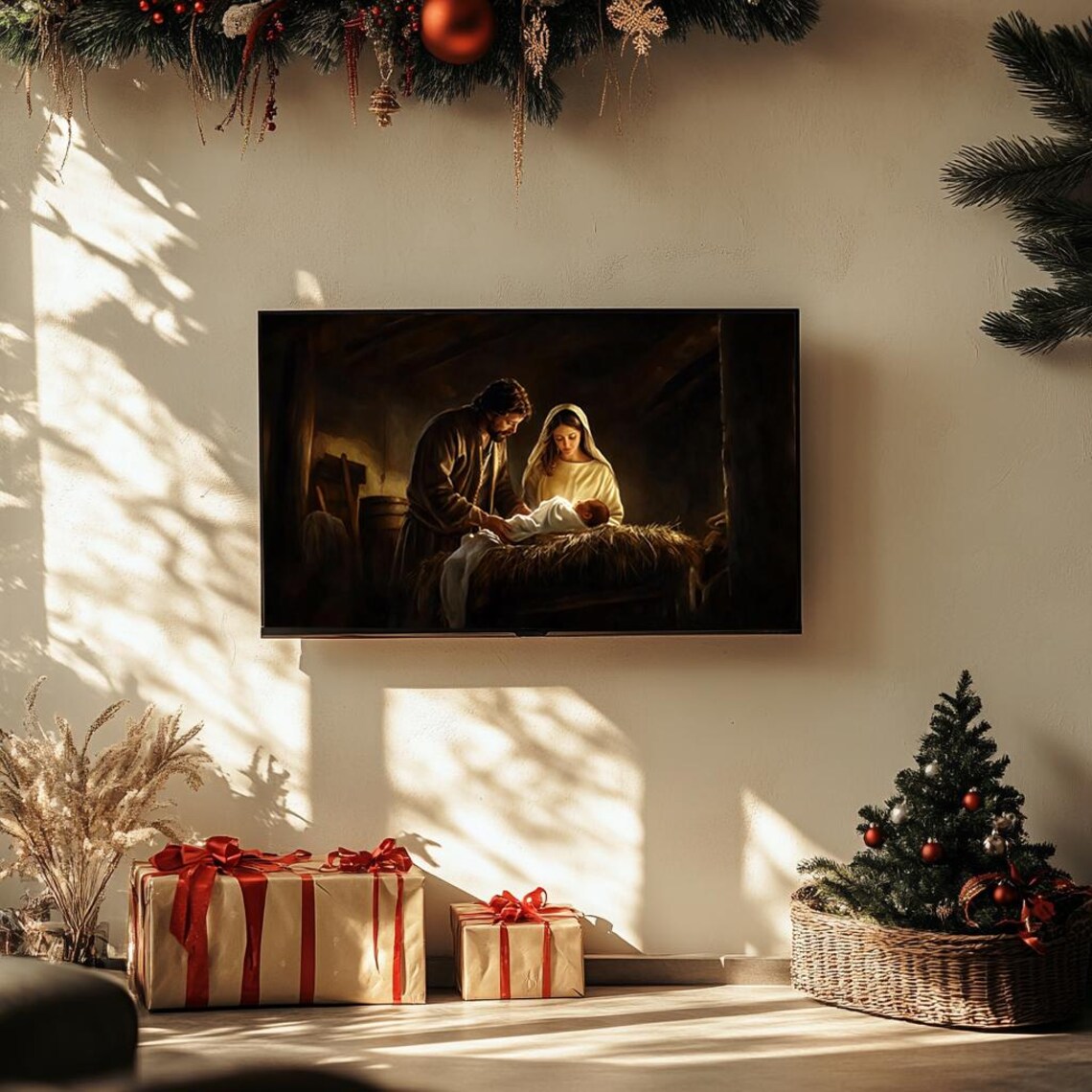 Holy Family Nativity in Rustic Barn Traditional Oil Painting Poster - Image 3