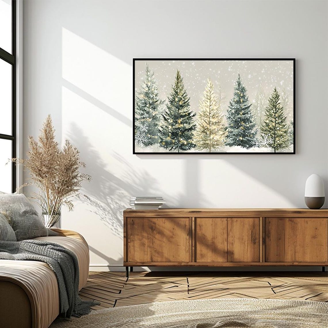 Snowy Pine Forest Watercolor With Twinkling Lights Art Poster - Image 4