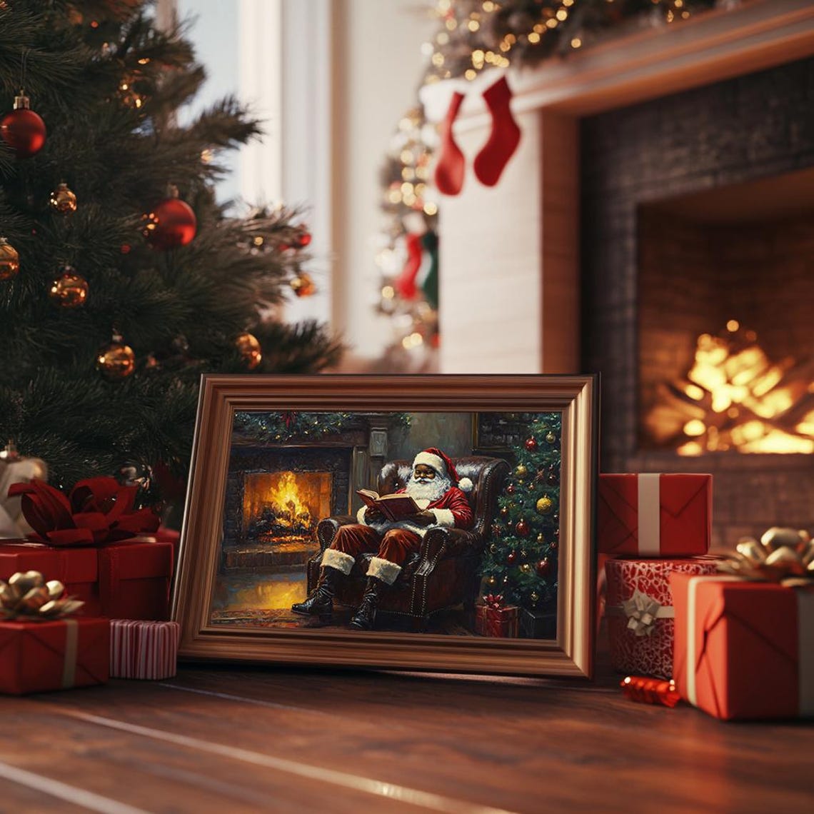 Black Santa Claus Reading by the Fireplace Cozy Christmas Night Poster - Image 3