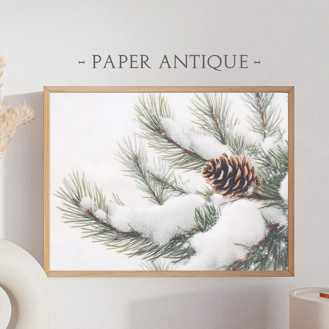 Snowy Pine Branch with Pinecone Winter Botanical Study Poster