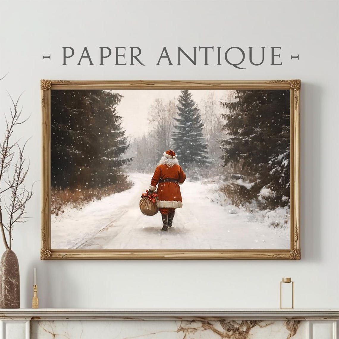 Santa Walking Snowy Forest Gift Bag Falling Snow Painting Poster