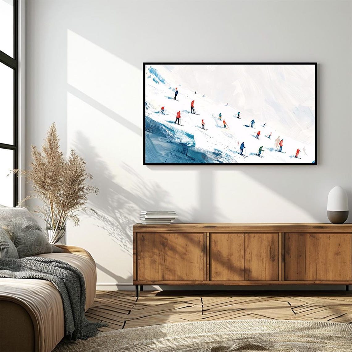 Minimalist Alpine Ski Slope Colorful Skiers Winter Art Poster - Image 4