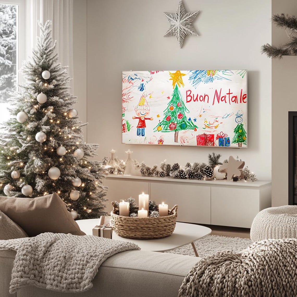 Buon Natale Kids Crayon Drawing Christmas Tree Festive Holiday Poster - Image 5