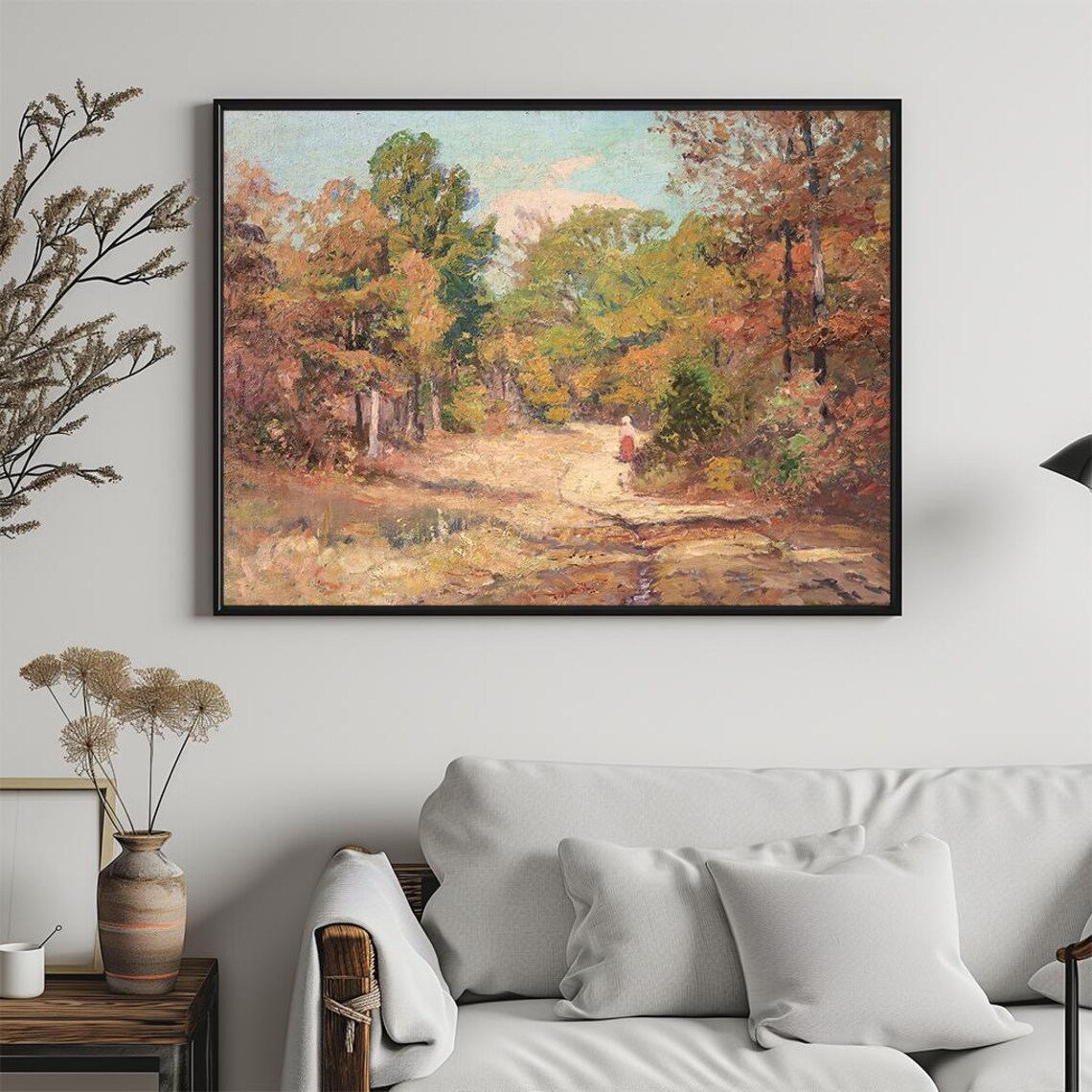 Autumn Woodland Trail Figure In Red Dress Fall Path Painting Poster - Image 5