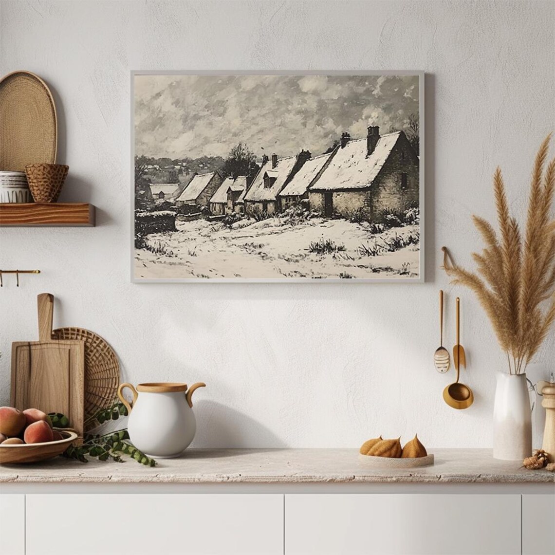 Monochrome Snowy Village Stone Cottages Vintage Winter Art Poster - Image 4