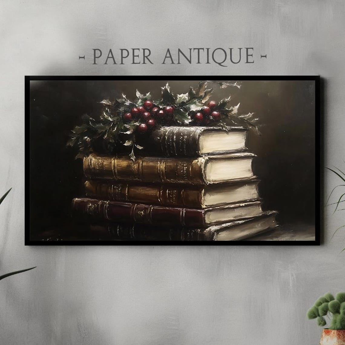 Vintage Book Stack With Holly Berries Dark Still Life Poster