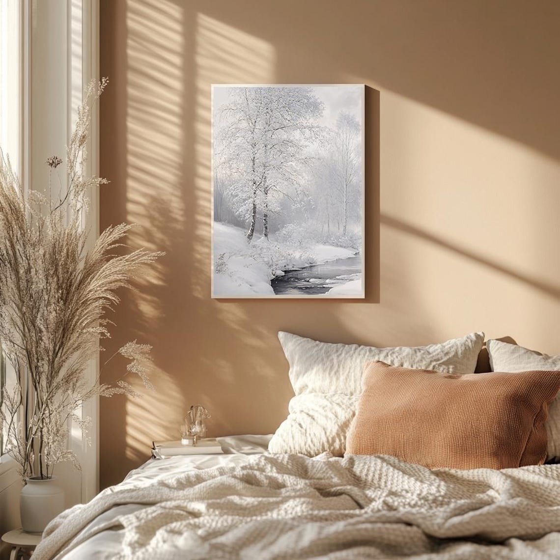 Serene Winter Landscape Snowy Trees and Stream Painting Poster - Image 2