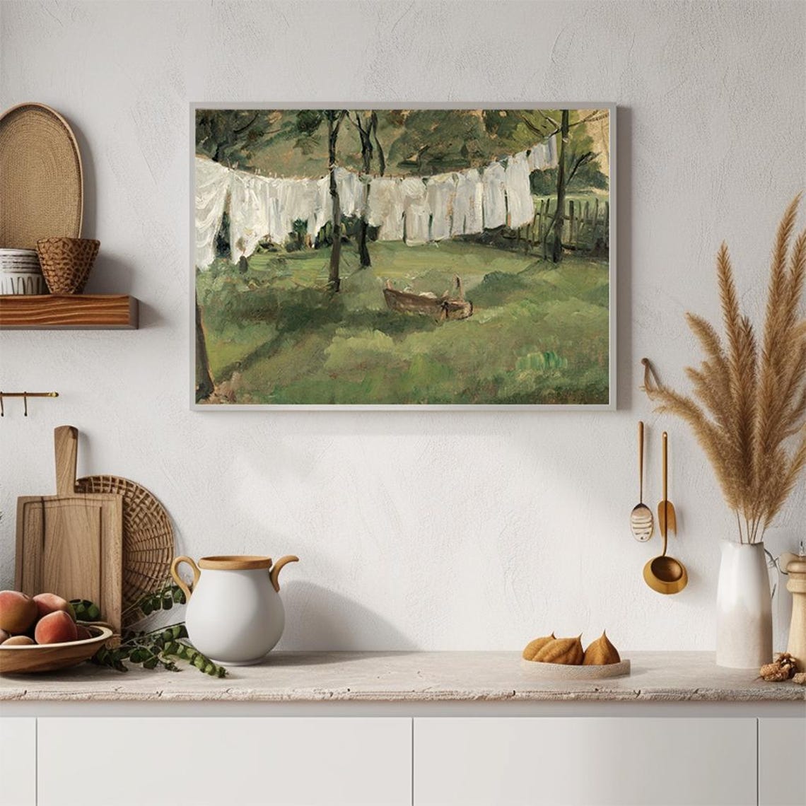 Rustic Clothesline White Linen Backyard Laundry Oil Painting Poster - Image 4