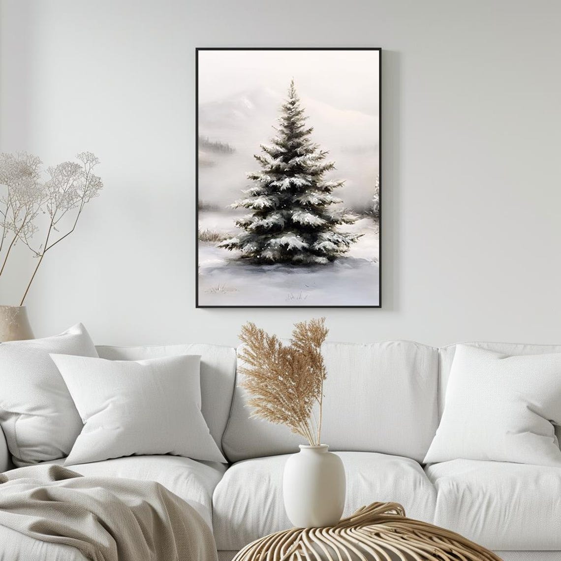 Snowy Pine Tree in Misty Winter Forest Classic Oil Painting Poster - Image 5