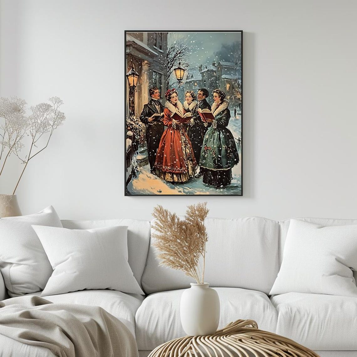 Victorian Christmas Carolers Singing in Snow Lamp Lit Street Poster - Image 5