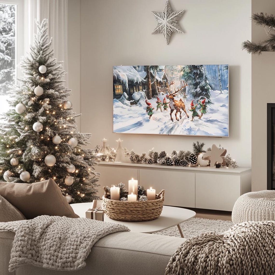 Reindeer and Elves in Snowy Forest Watercolor Christmas Poster - Image 5