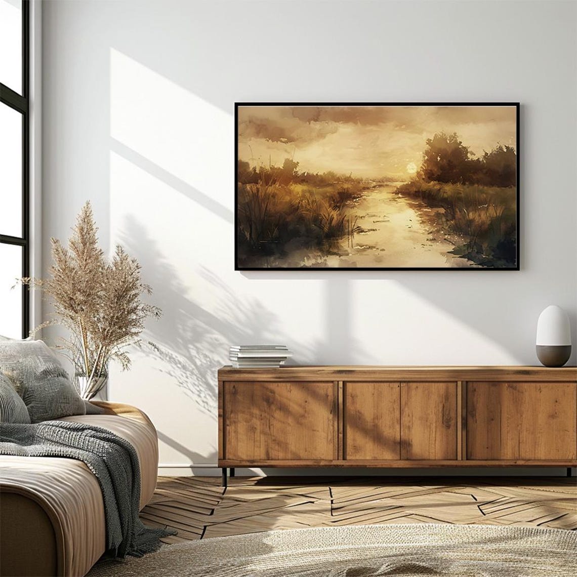 Golden Sunset Marsh River Winding Water Reflections Watercolor Poster - Image 4