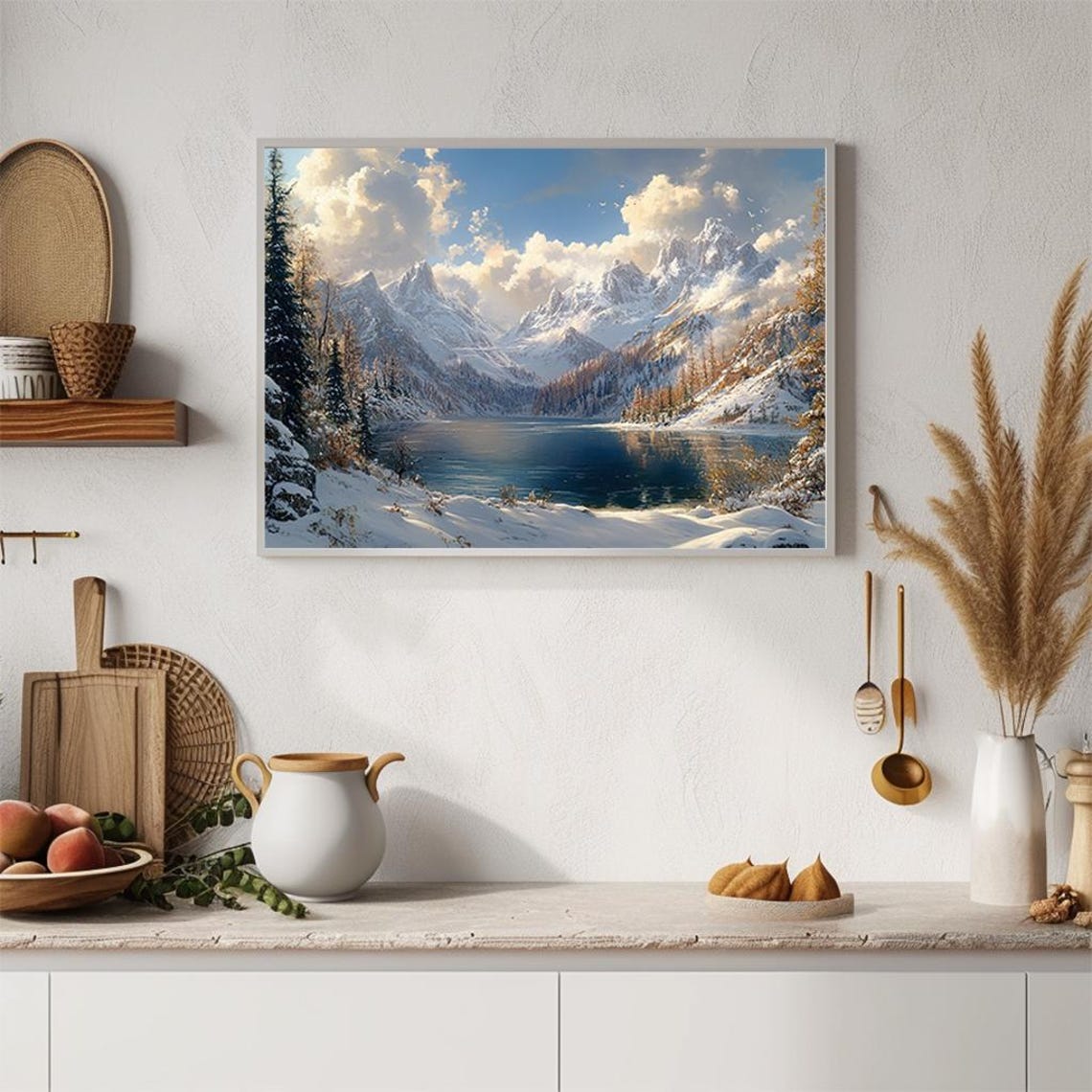 Winter Mountain Landscape Snowy Lake And Peaks Oil Painting Poster - Image 4