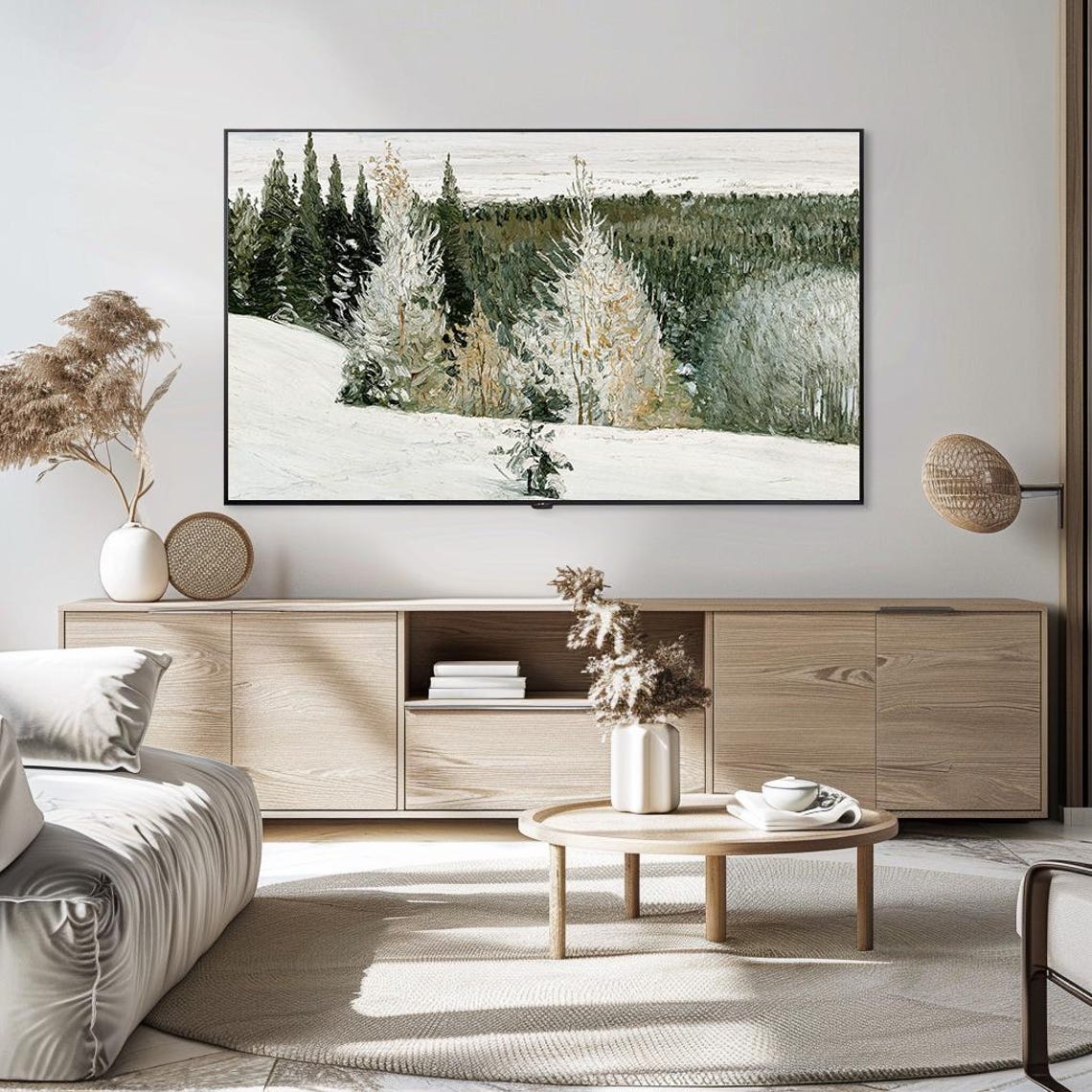 Snowy Winter Pine Forest Vintage Cold Landscape Oil Painting Poster - Image 5