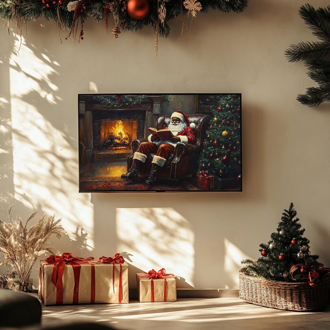 Santa Relaxing by Fireplace Cozy Christmas Oil Painting Poster - Image 3