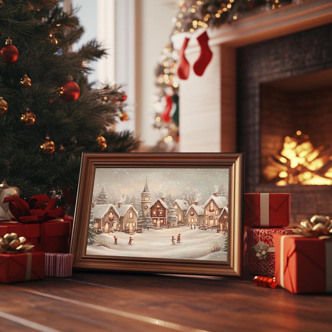 Christmas Village with Children Playing in Snow Vintage Poster - Image 3