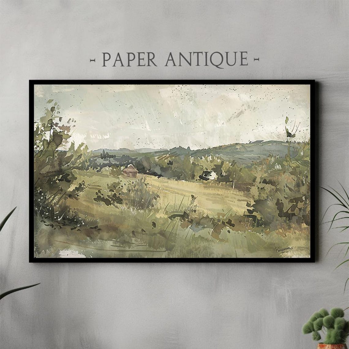 Quiet Green Hillside Meadow with Small Barn Watercolor Poster