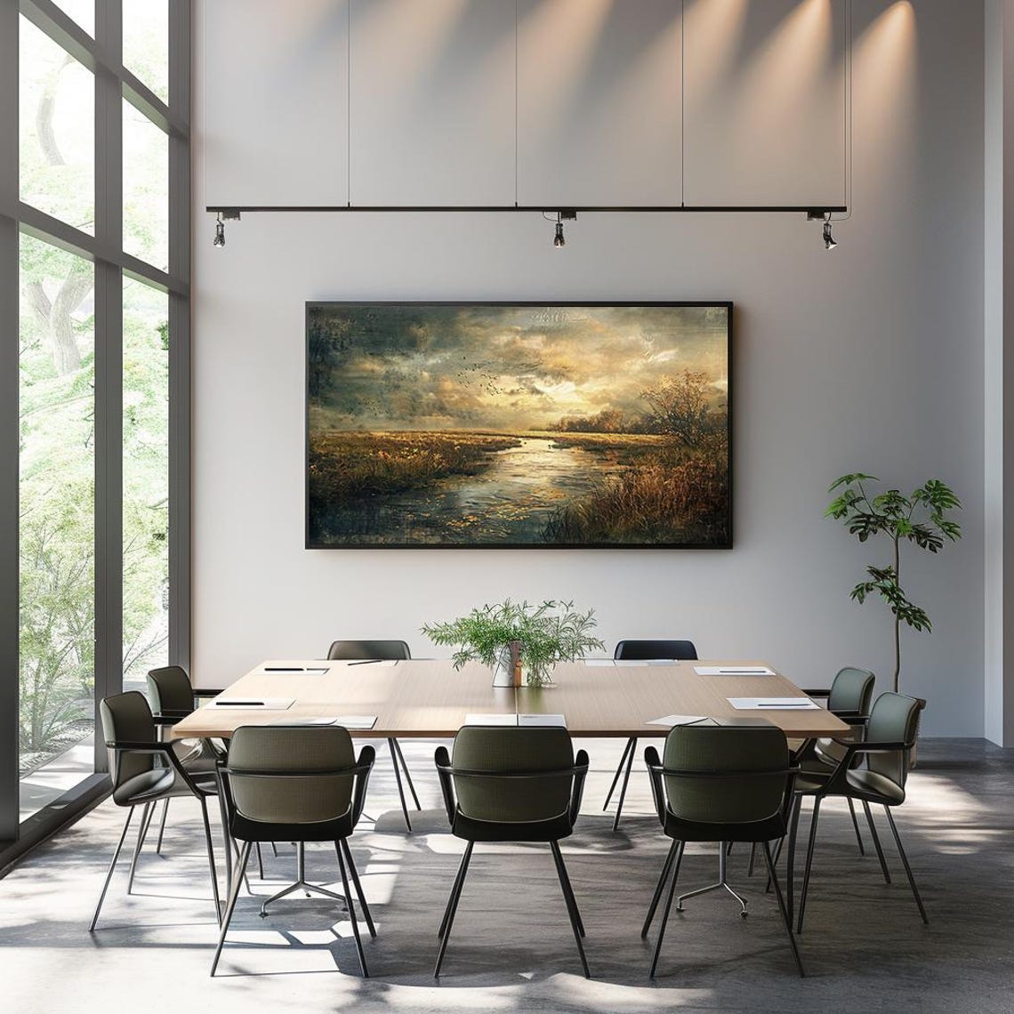 Vast Golden Marsh Sunset River with Birds Moody Landscape Poster - Image 3