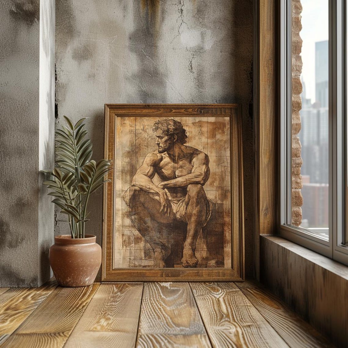 Classical Male Figure Renaissance Sepia Sketch Study Art Poster - Image 3