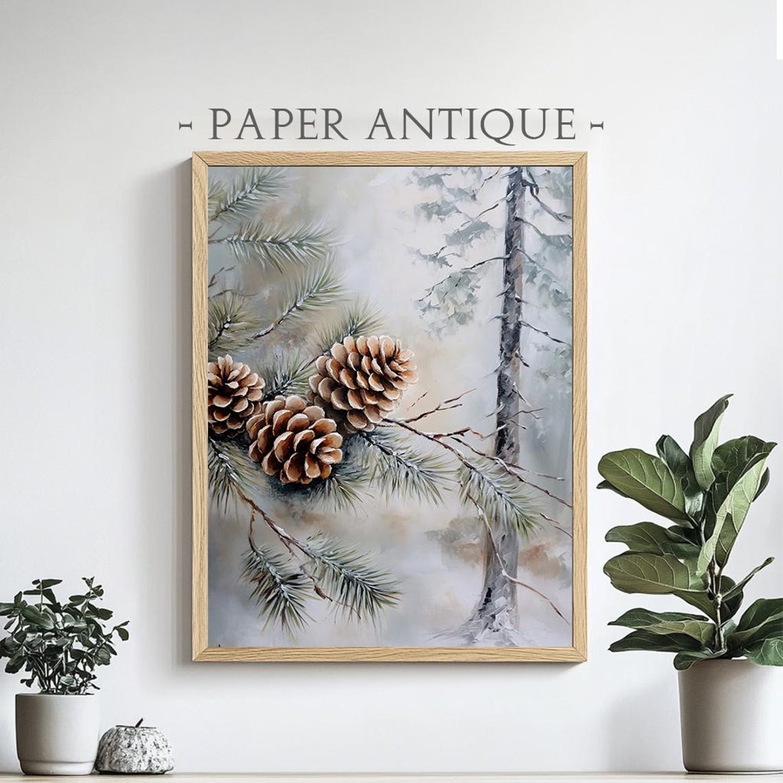 Pine Cones On Snowy Branch Winter Botanical Still Life Painting Poster