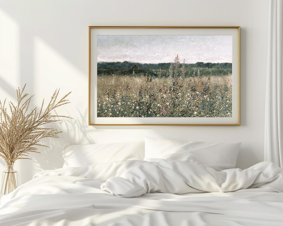 Wildflower Field with Distant Trees Meadow Rustic Painting Poster - Image 2