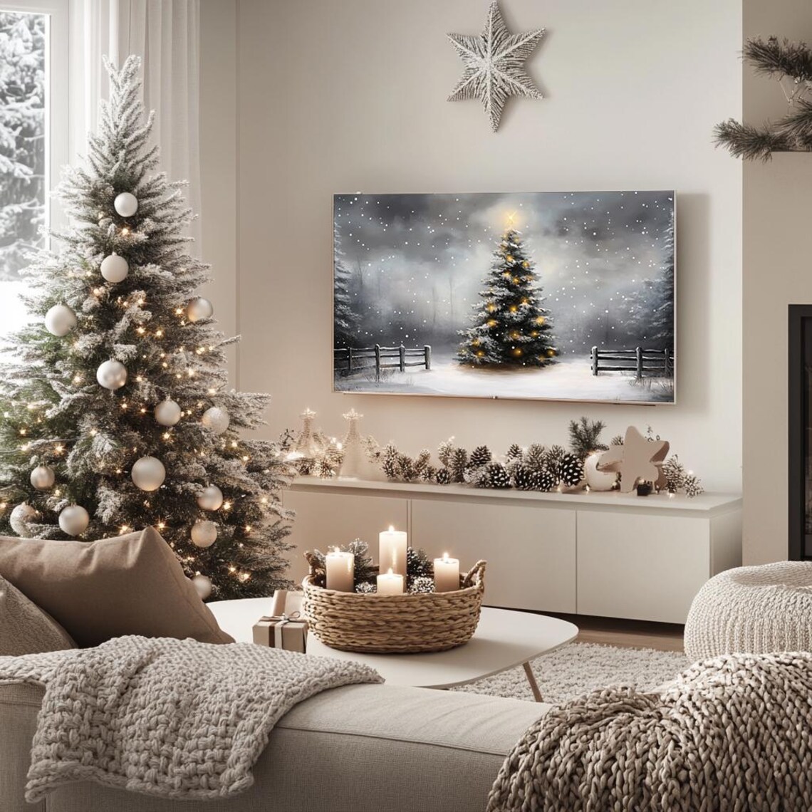 Snowy Christmas Tree With Lights Wooden Fence Winter Art Poster - Image 5