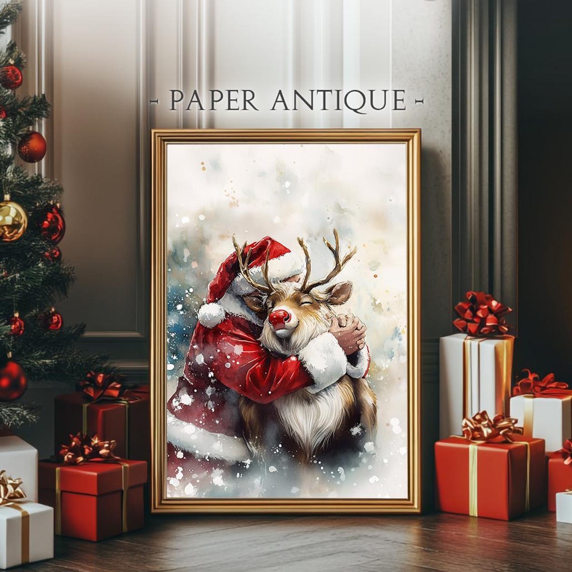 Santa Claus Hugging Reindeer Heartwarming Christmas Scene Poster