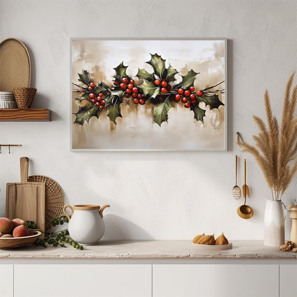 Holly Berry Branch Red Berries Soft Watercolor Christmas Poster - Image 4
