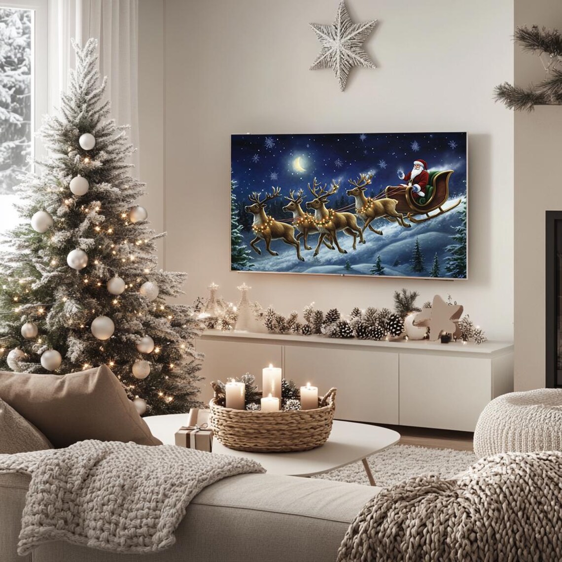 Santa Flying Sleigh with Reindeer Magical Christmas Night Sky Poster - Image 5