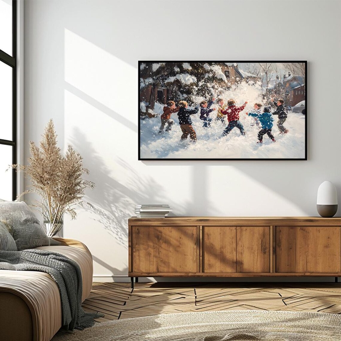 Children Snowball Fight Vibrant Winter Scene Oil Painting Holiday Poster - Image 4