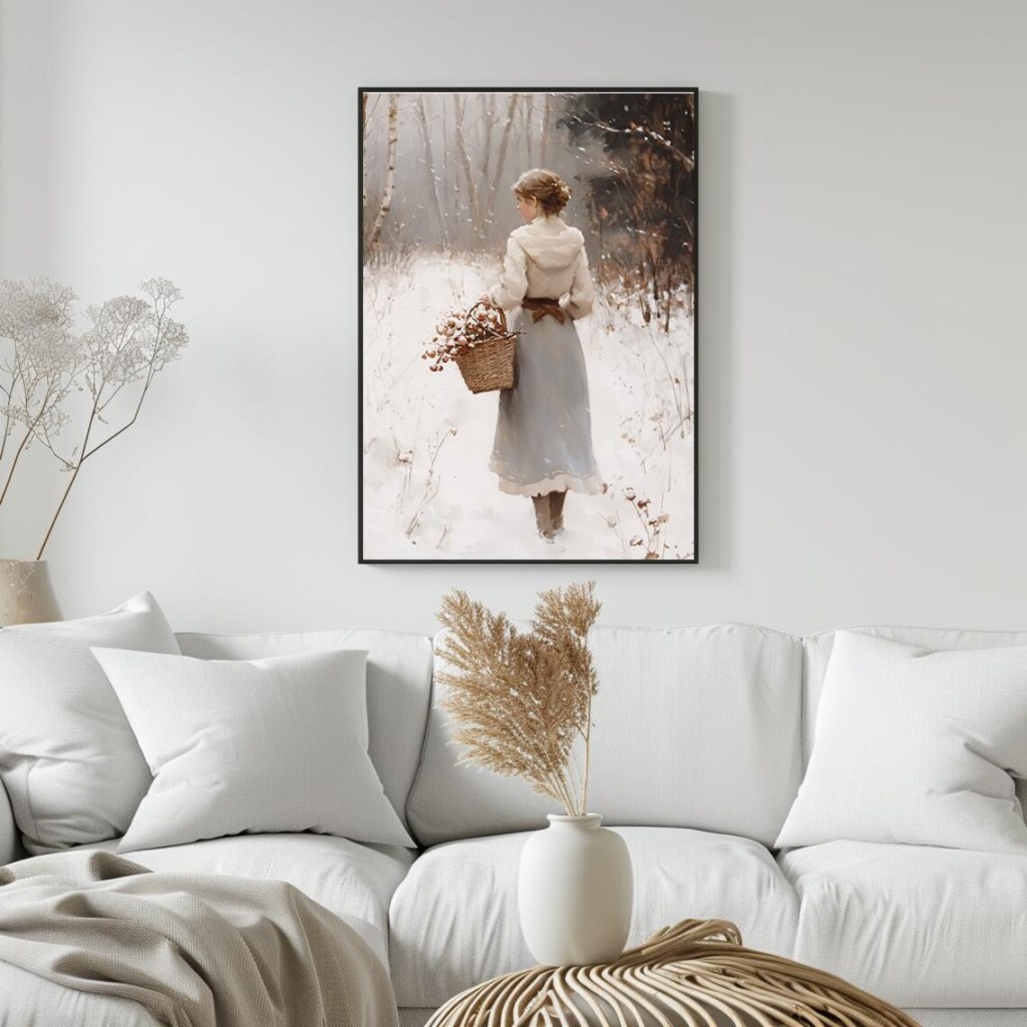 Woman Gathering Pinecones In Snowy Winter Forest Scene Poster - Image 4