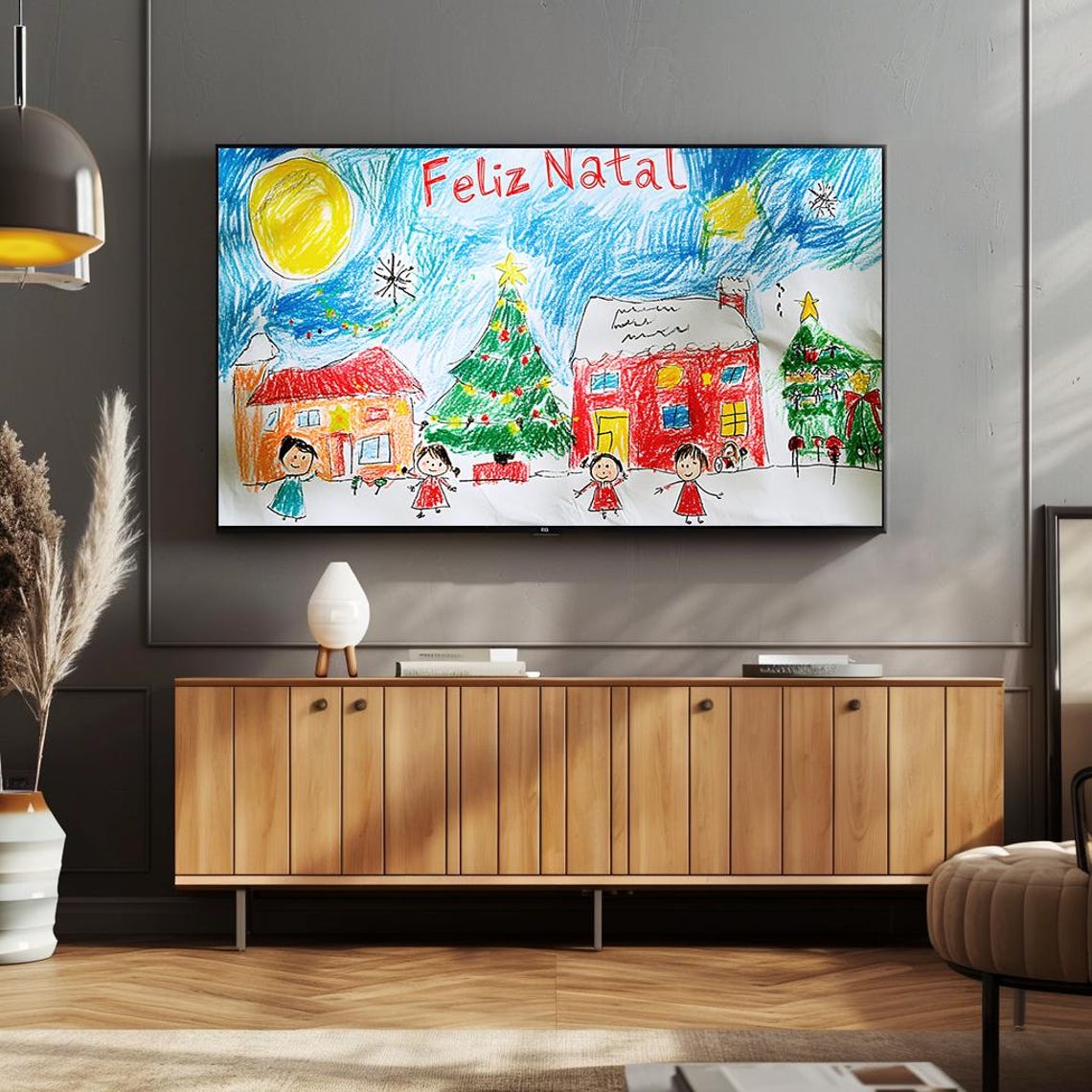 Festive Christmas Drawing Children with Tree Feliz Natal Poster - Image 4