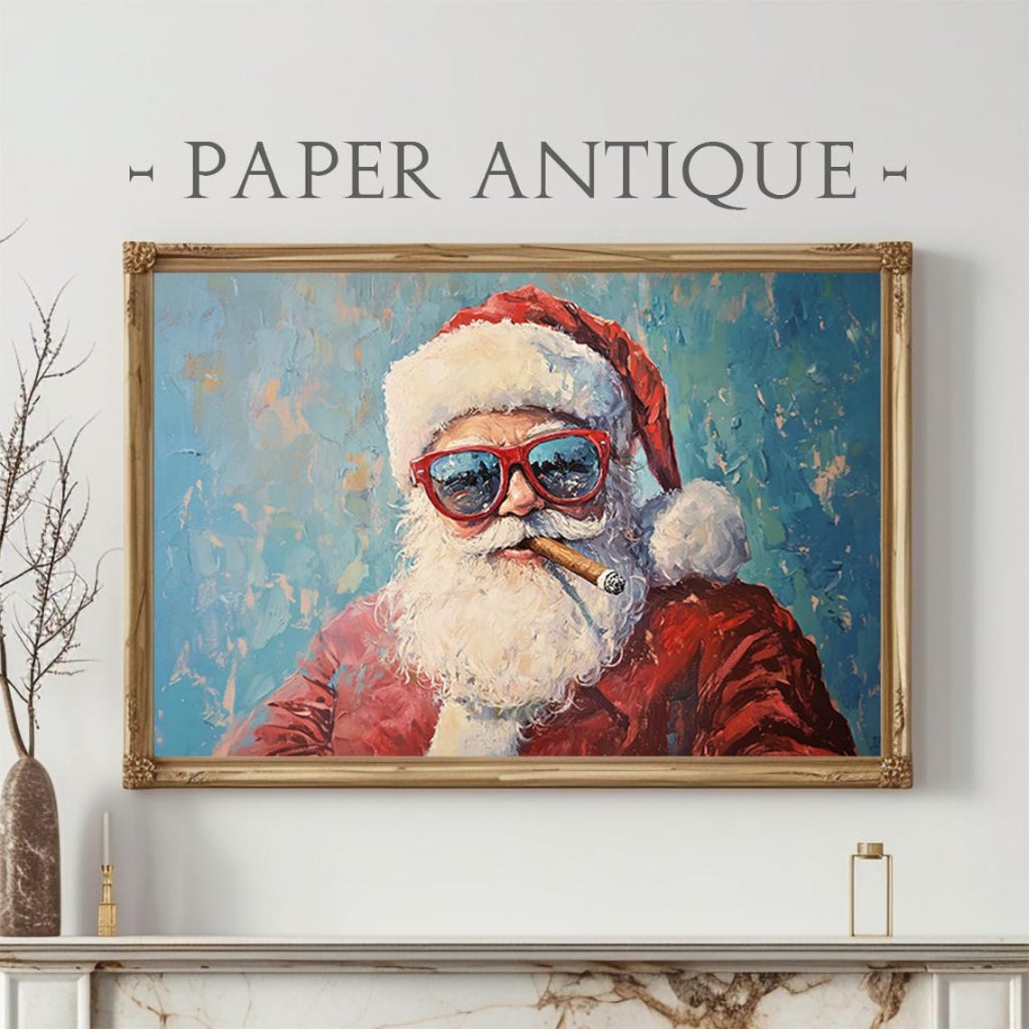 Cool Santa Red Sunglasses Cigar Teal Oil Painting Fun Poster
